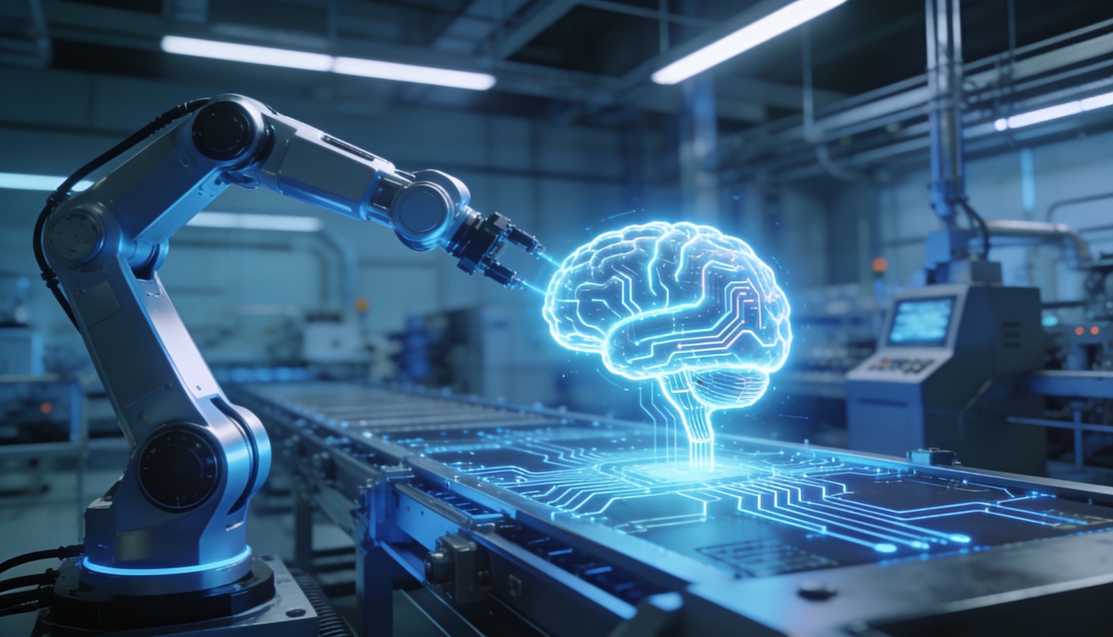 Artificial intelligence and smart machines concept with a robotic arm
