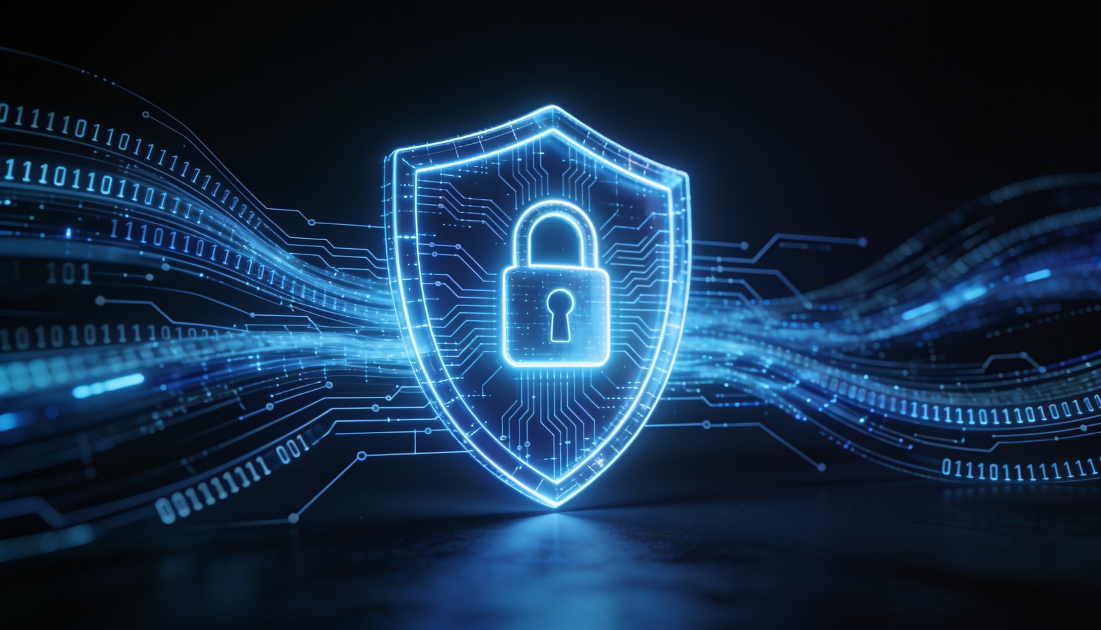 Cybersecurity concept with a digital shield and padlock