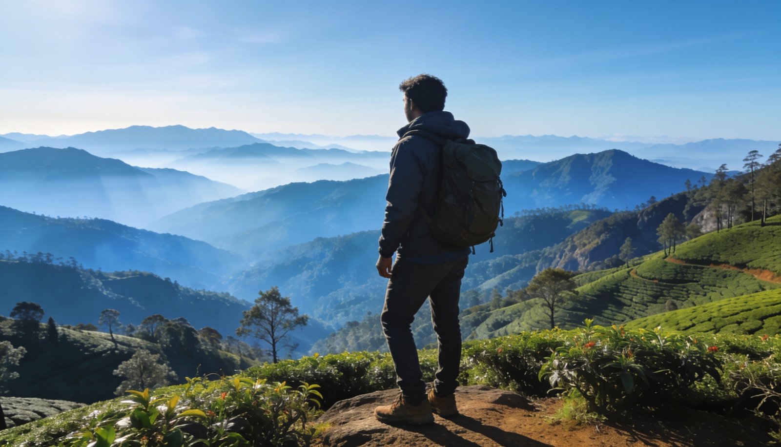 A clear winter morning view over the layered hills of Munnar