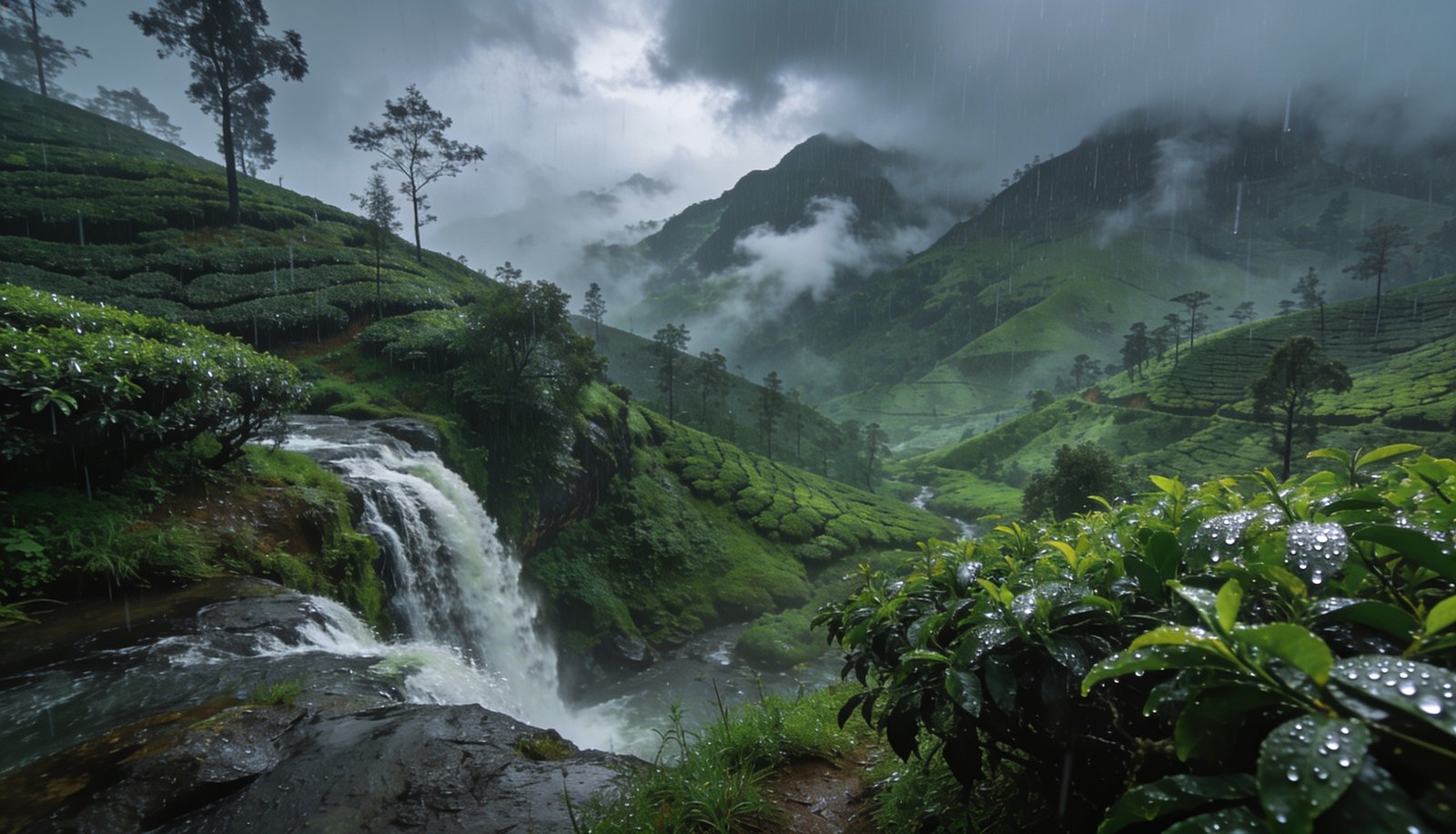 A misty monsoon valley with a waterfall in Munnar, Kerala