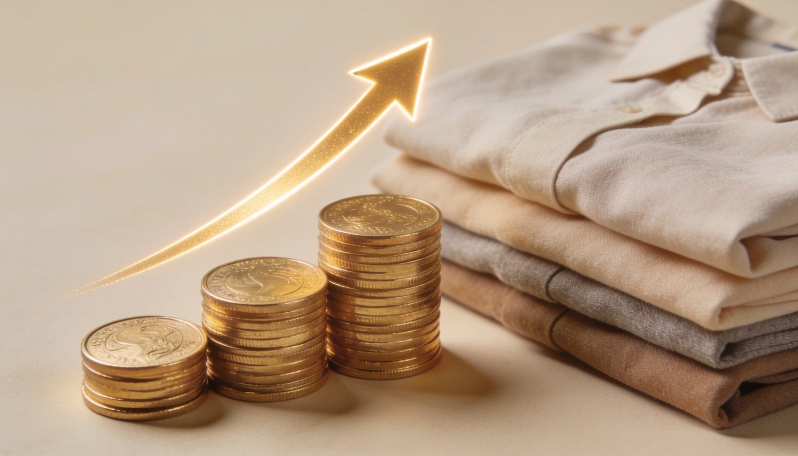 Kim Kardashian Skims valuation growth concept with rising coin stacks and neutral shapewear fabric