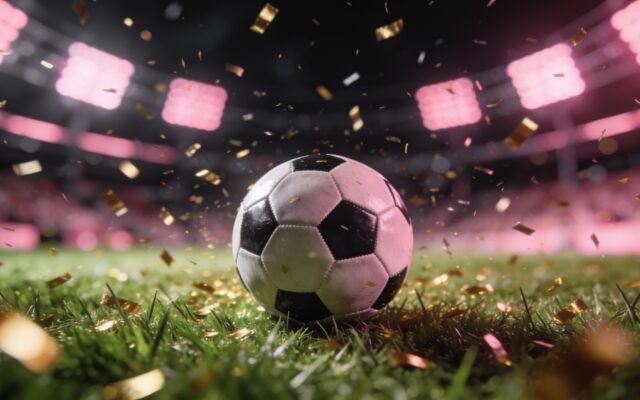 Football on grass with golden confetti falling in stadium lights