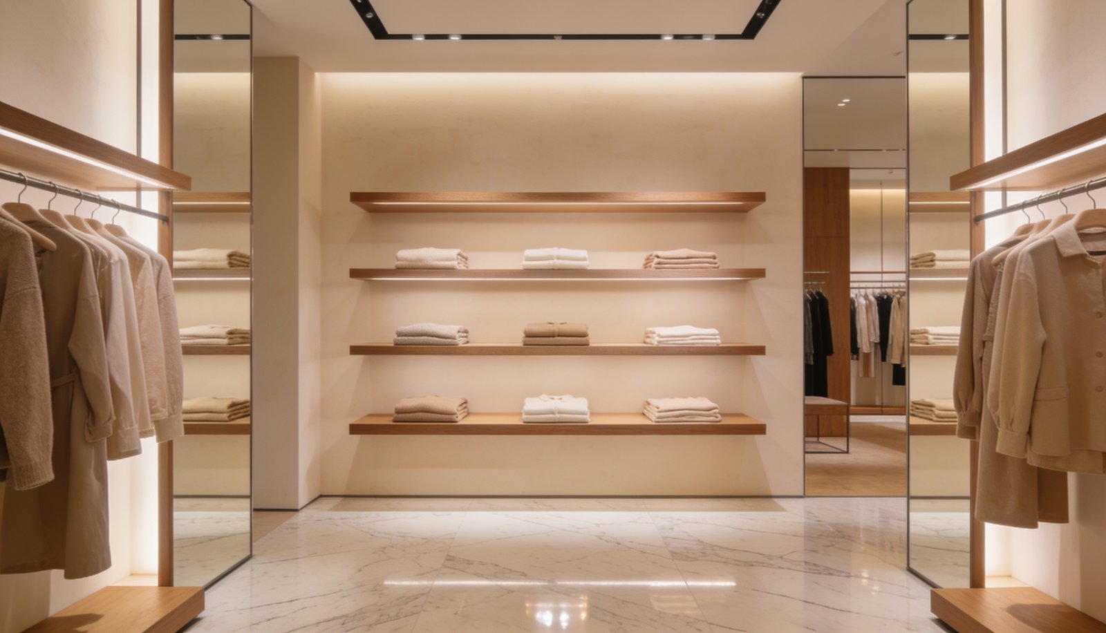 Modern minimalist fashion retail store interior with neutral toned clothing displays