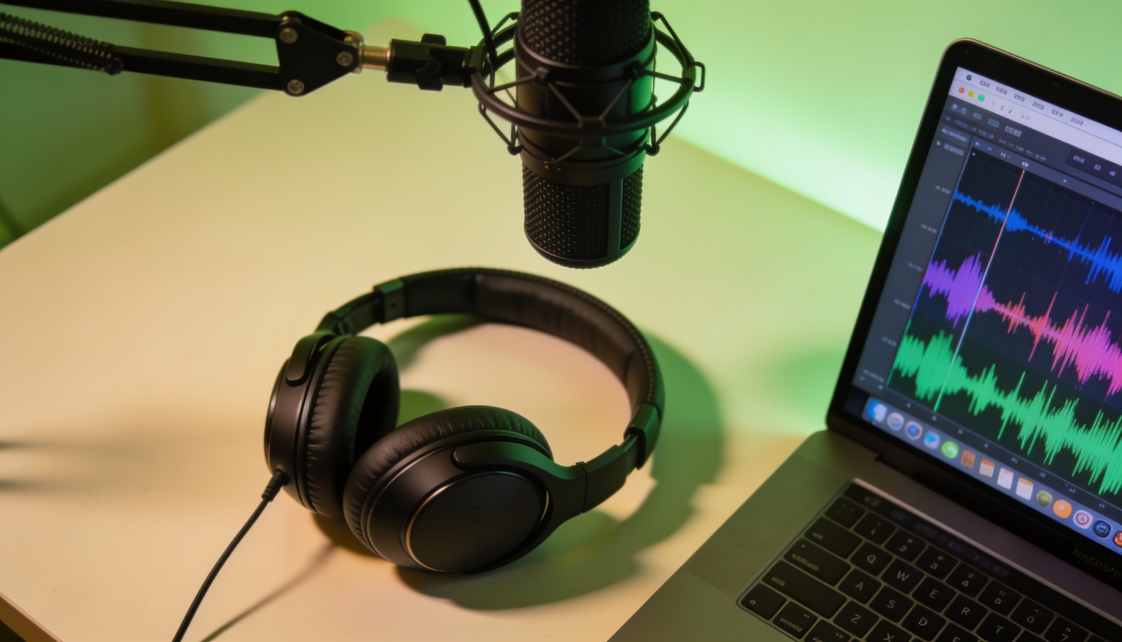 A creator workspace with headphones, a microphone and a laptop showing audio waveforms