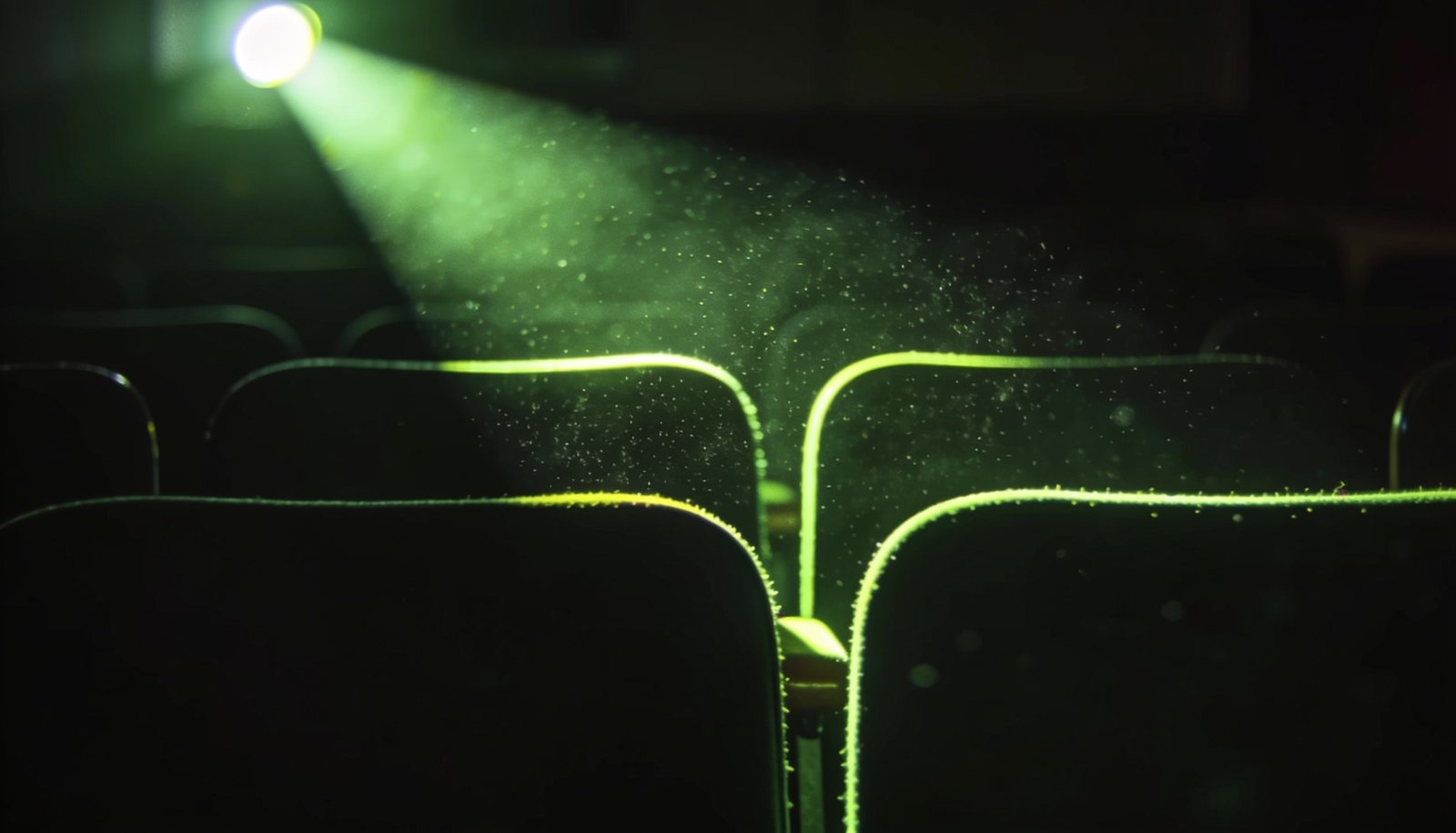 A single neon green projector beam cutting through a dark, empty cinema