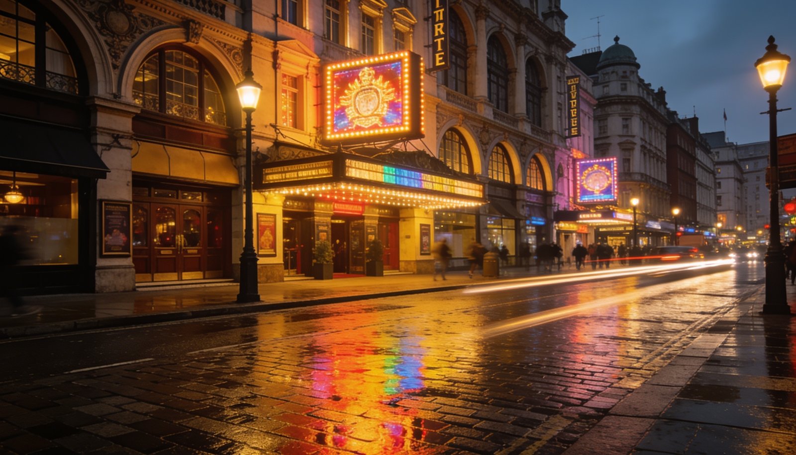A lively West End street in London lit up at night