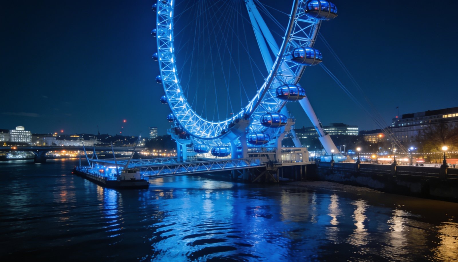 The London Eye glowing at night beside the River Thames