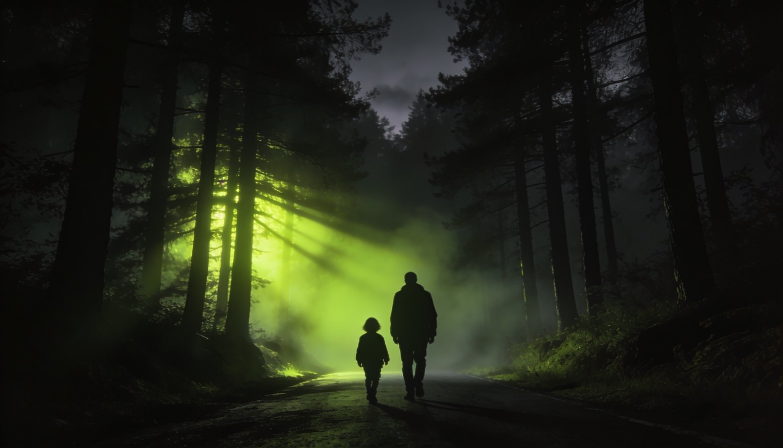 Silhouettes of a mother and child walking a foggy forest road at dusk, lit by a neon green glow