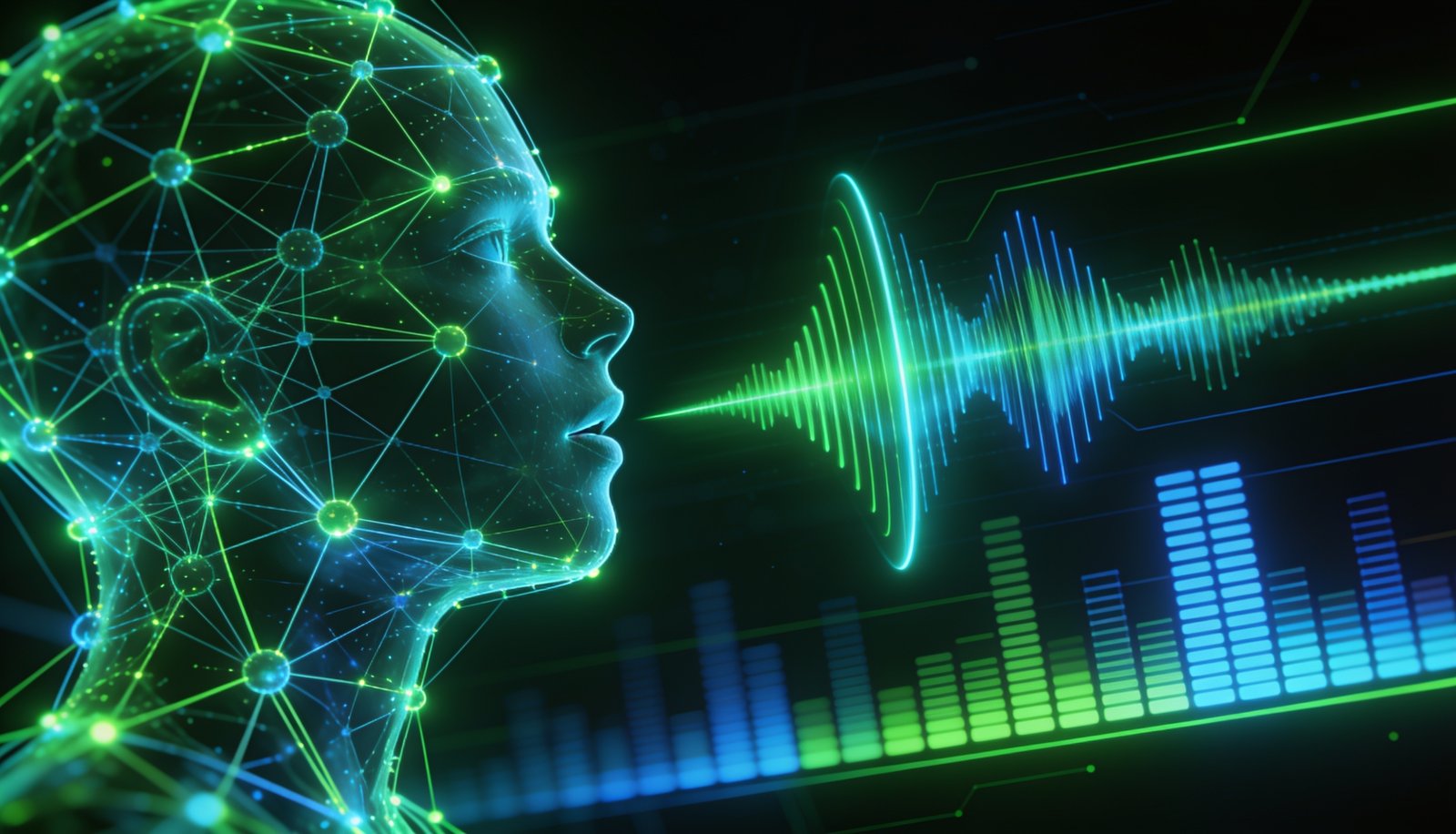 Neural network turning text into a sound wave, representing AI voice generation
